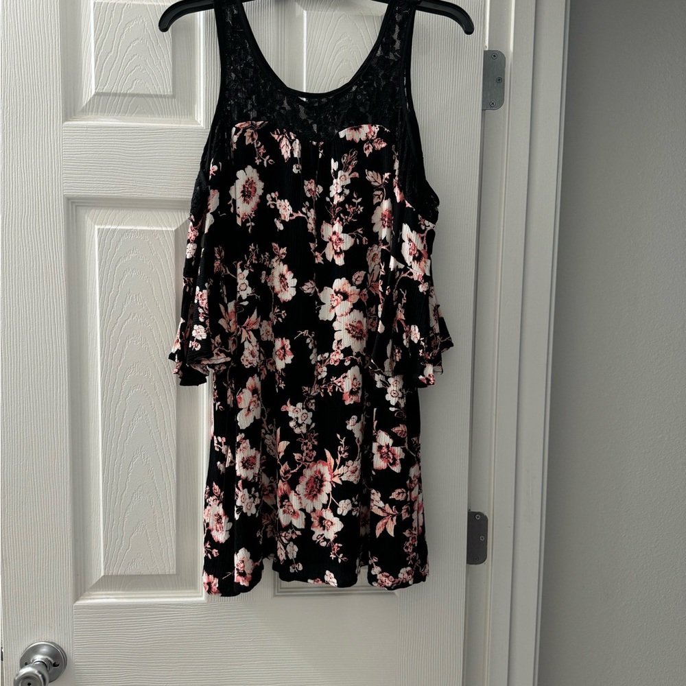 Francesca’s Floral Black and Pink Cold Shoulder Dress